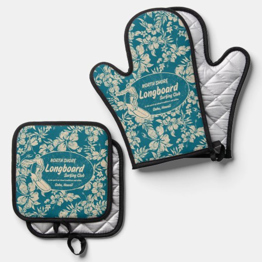 クラブサーフィンロングボードロゴハイビスカスハワイアンティール（緑がかった色） 鍋つかみ&鍋敷きセット (正面/裏面)