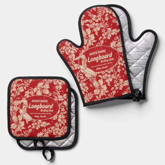 クラブサーフィンロングボードロゴハイビスカスハワイアンレッド 鍋つかみ&鍋敷きセット (正面/裏面)