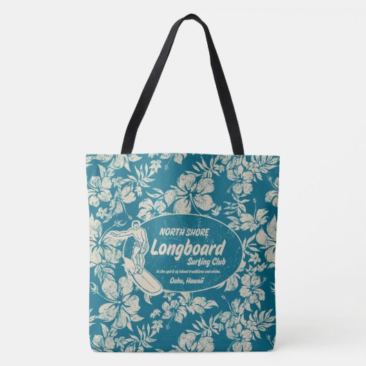 クラブサーフィンロングボードロゴ&ハイビスカスビーチバッグ トートバッグ (正面)