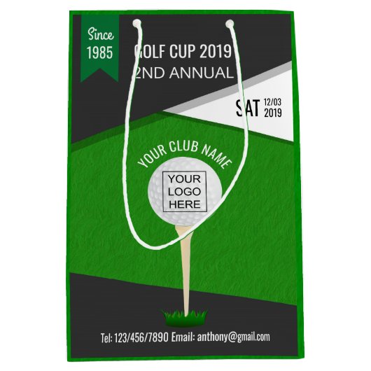 クラブ/企業のゴルフトーナメントのロゴと写真の追加 ミディアムペーパーバッグ (正面)