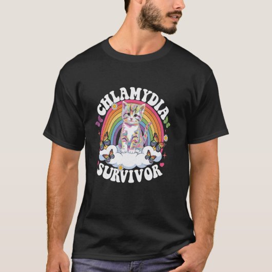 クラミディアサバイバー猫ミーム虹の男性大人ユーモア Tシャツ (正面)