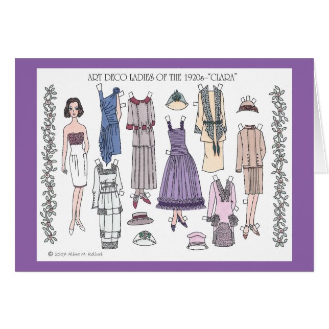 クララの20年代のアールデコの女性は人形カードを壁紙を張ります (正面横)