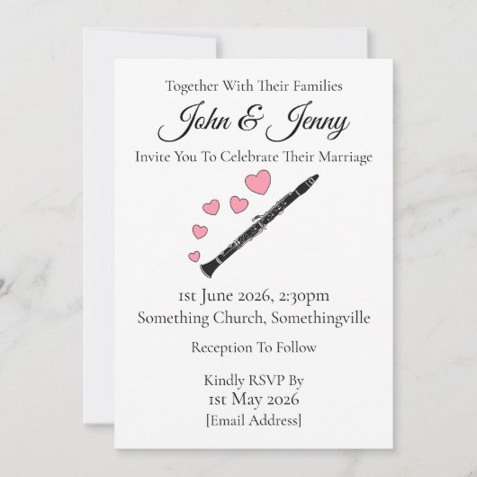 クラリネット結婚式招待状クラリネティストミュージシャン 招待状 (正面)