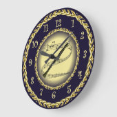 クラリネット～ミュージカル巻物～金ゴールド/ネイビーブルー～ ラージ壁時計 (傾斜)
