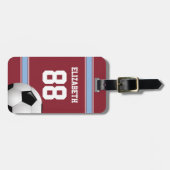 クラレットとブルーのストライプサッカーボール ラゲッジタグ (正面横)