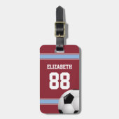 クラレットとブルーのストライプサッカーボール ラゲッジタグ (正面縦)
