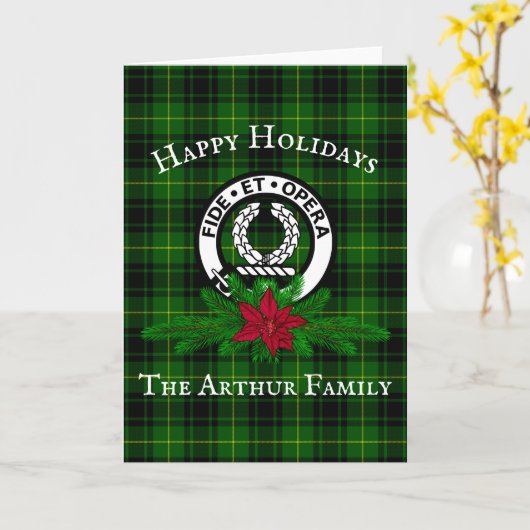 クランアーサークレストバッジ&タータンチェッククリスマスカード カード (黄色い花)