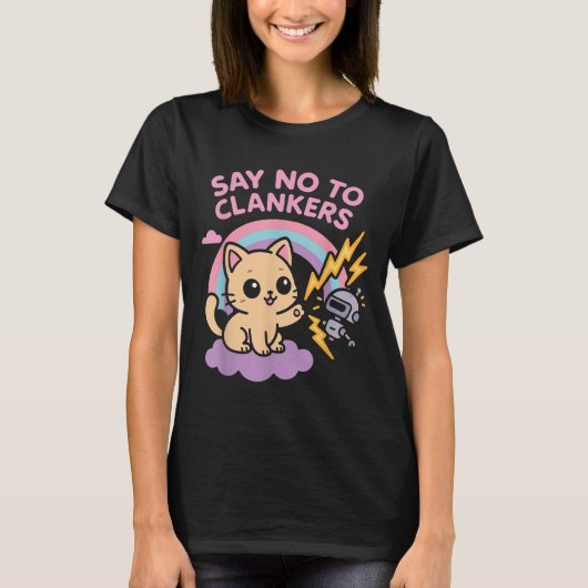 クランカーズに反対 クランカーズに反対する反AIロボット かわいい子猫の雨 Tシャツ (正面)