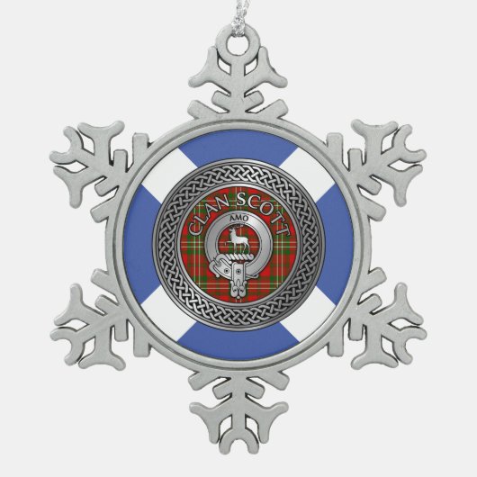 クランスコットクレスト&タータンチェックノット スノーフレークピューターオーナメント (正面)