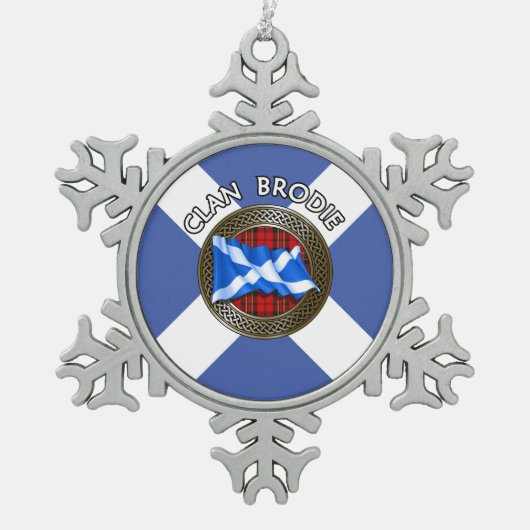 クランブロディタータンチェックノット&フラグ スノーフレークピューターオーナメント (正面)