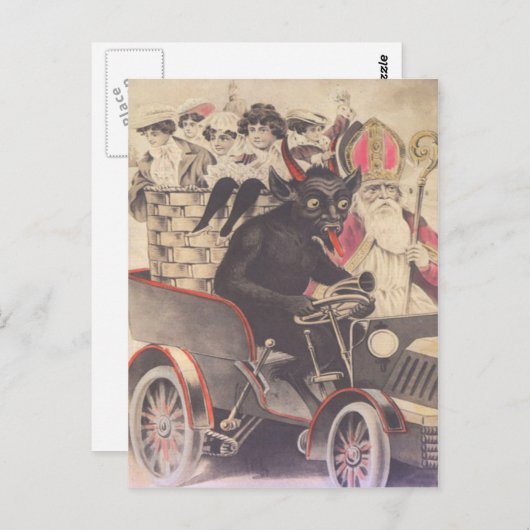 クランプスと司祭が子どもたちと一緒に運転 ポストカード (正面/裏面)