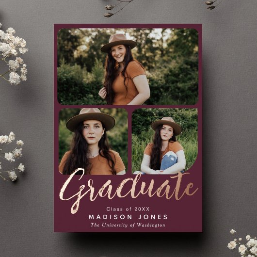 クランベリモダンースクリプト4写真卒業パーティー 箔招待状