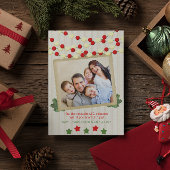 クランベリーおよびポップコーンの素朴で白い写真のクリスマス シーズンカード