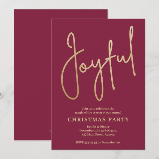 クランベリーのクリスマスパーティーのためのJOYFUL ゴールド箔押し 招待状 (正面/裏面)