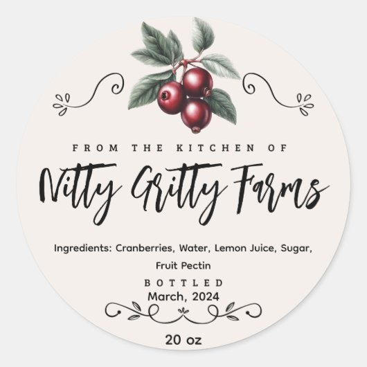 クランベリージャムゼリー保存用 カスタム缶詰ラベル ラウンドシール (正面)