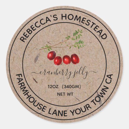 クランベリーゼリークラフト紙キャニングジャールラベル ラウンドシール (正面)