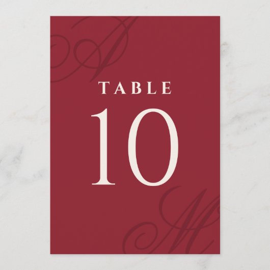 クランベリーレッドエレガントモノグラムテーブル番号 (正面)