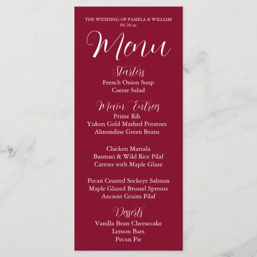 クランベリーレッドシンプルスタイル結婚ズディナー メニュー (正面)