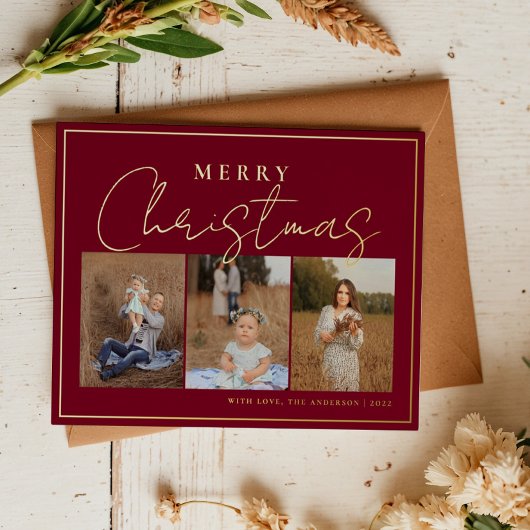 クランベリーレッド金ゴールド3枚のフレーム付きコラージュ 箔シーズンポストカード