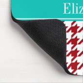 クランベリーレッドWht千鳥格子のティール（緑がかった色）名モノグラム マウスパッド (コーナー)