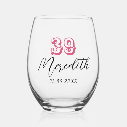 クランベリー誕生日番号 |黒い名前の日付 ステムなしワイングラス (正面)