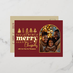 クランベリー ベルベット & アンティーク ゴールド クリスマス 写真 箔シーズンポストカード