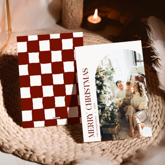 クランベリ市松模様にスクリスマス家族の写真 シーズンカード