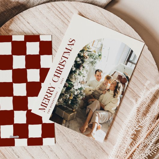 クランベリ市松模様にスクリスマス家族の写真 シーズンカード