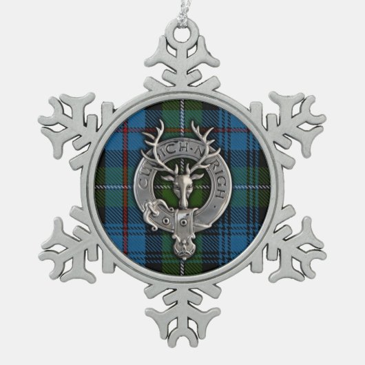 クランマッケンジークレスト&タータンチェック スノーフレークピューターオーナメント (正面)
