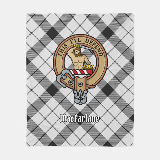 クランMacFarlaneクレストオーバー白黒タータンチェック フリースブランケット (正面)
