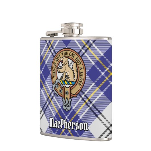 クランMacPhersonクレストオーバーブルードレスタータンチェック フラスク (左)