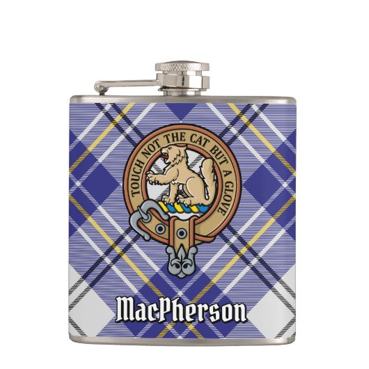 クランMacPhersonクレストオーバーブルードレスタータンチェック フラスク (正面)