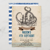 クラーケン海賊タコ誕生日の招待状 サンキューカード (正面/裏面)