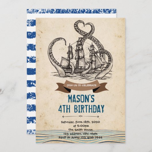 クラーケン海賊タコ誕生日の招待状 サンキューカード (正面/裏面)