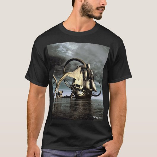 クラーケン。巨大なタコが海賊船を沈める Tシャツ (正面)