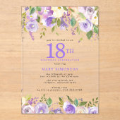 クリアアクリル製の紫の花柄の18歳の誕生日パーティー アクリル招待状 (正面)