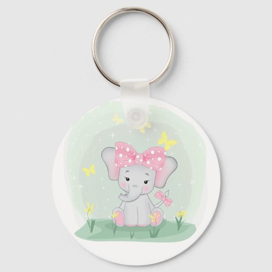 クリアリングにピンクの弓を持つ可愛いベビーゾウ キーホルダー (正面)