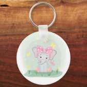 クリアリングにピンクの弓を持つ可愛いベビーゾウ キーホルダー (正面)