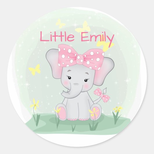 クリアリングにピンクの弓を持つ可愛いベビーゾウ ラウンドシール (正面)