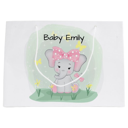 クリアリングにピンクの弓を持つ可愛いベビーゾウ ラージペーパーバッグ (正面)