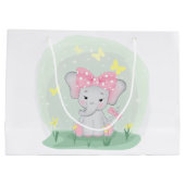 クリアリングにピンクの弓を持つ可愛いベビーゾウ ラージペーパーバッグ (裏面)