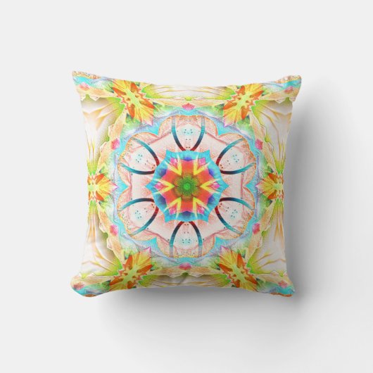 クリアリ黄色の粒状のテクスチャ、花の万華鏡のように千変万化するパターン クッション (正面)