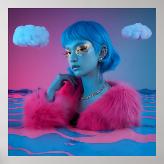 クリエイティブのコラージュの女の子のピンクの毛皮のコート ポスター