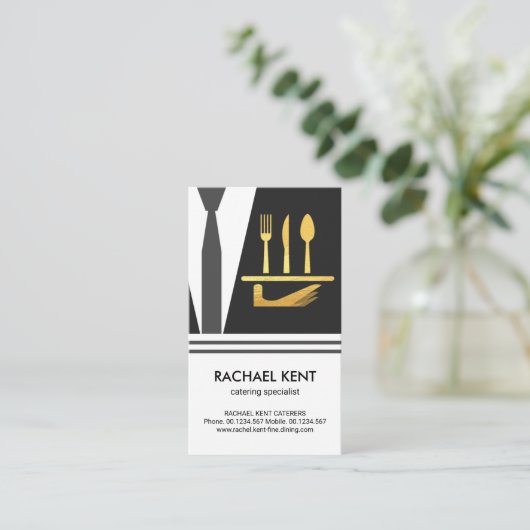 クリエイティブウェイタースーツエプロン提供プレート刃物 名刺 (スタンド正面)