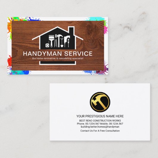 クリエイティブウッド絵を描（ばちゃばちゃ）跳ねるフレームハンドマン 名刺 (正面/裏面)