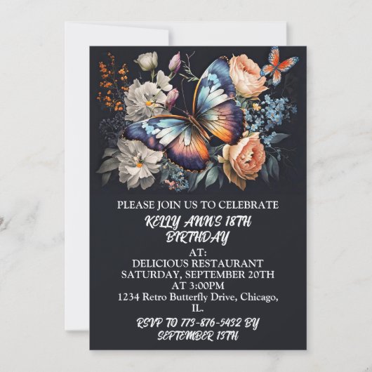 クリエイティブエレガントバタフライアートバースデーパーティー 招待状 (正面)