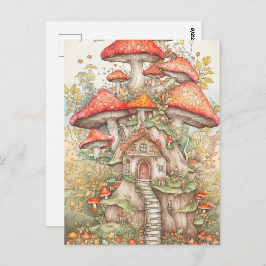 クリエイティブカラフルマッシュルームヴィレッジイラストレーション ポストカード (正面/裏面)