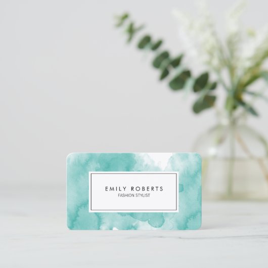 クリエイティブティール（緑がかった色）水彩ファッションスタイリスト 名刺 (スタンド正面)