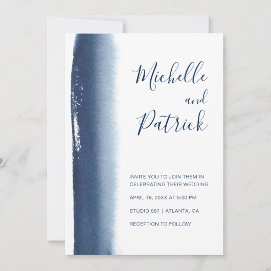 クリエイティブネイビーブルーウォーターカラーブラッシュストロ結婚ーク 招待状 (正面)