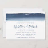 クリエイティブネイビーブルーウォーターカラーブラッシュストロ結婚ーク 招待状 (正面)